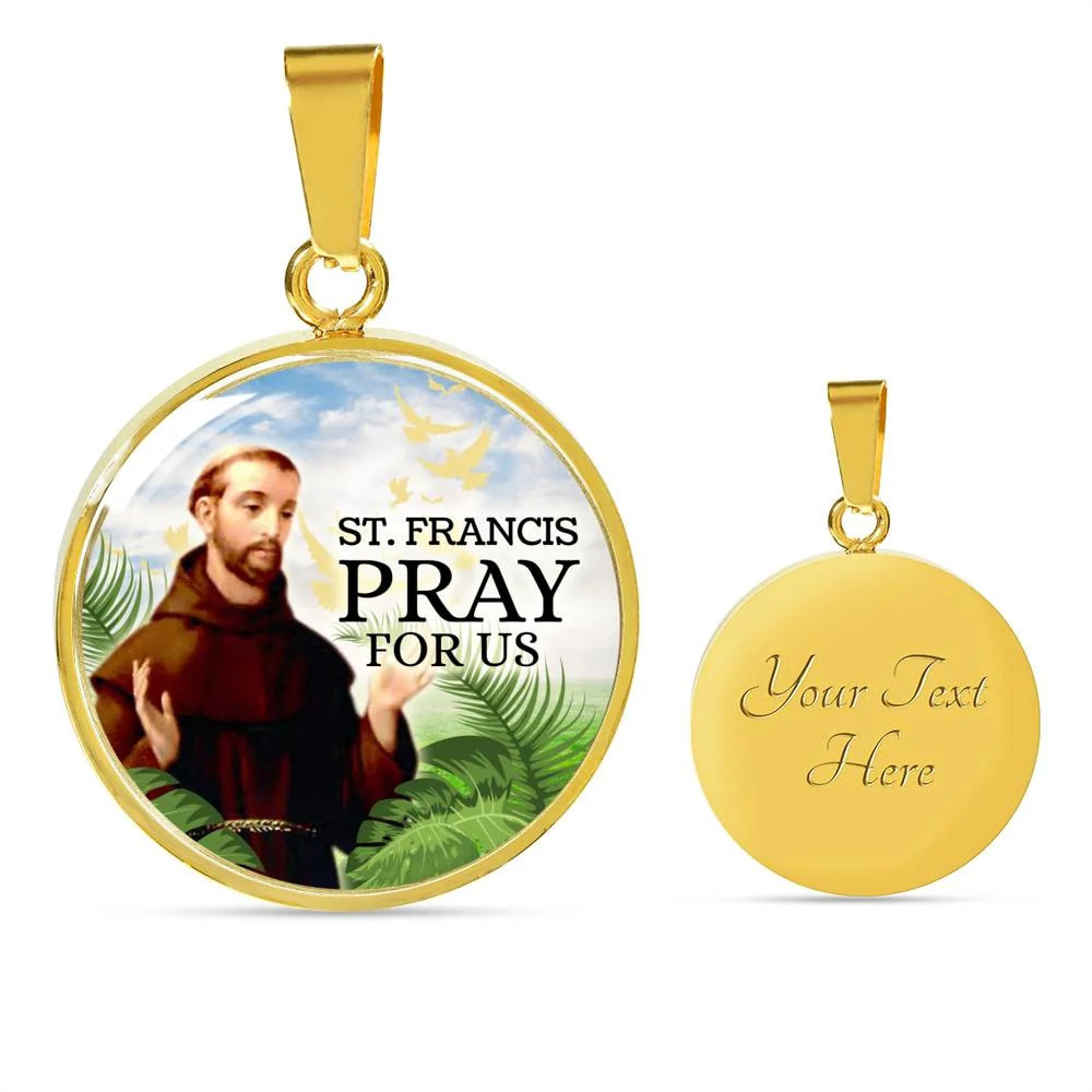 Catholic St. Francis Personalized Engraved Gold Circle Necklace Custom Name Dat
